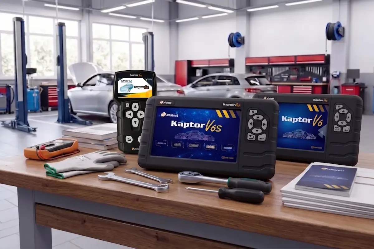 Equipamentos de diagnóstico automotivo Kaptor V5X, V6 e V6S da Alfatest em oficina mecânica, equipamento sobre a bancada.